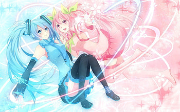 Hatsune Miku and Miki Furukawa, two girls, cherry, aqua hair, vocaloid, pink hair HD wallpaper