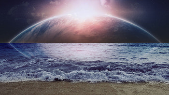 distant shores, sea, waves, sand, planet, moon, sun HD wallpaper