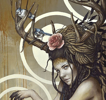 :), rose, pink, bird, horns, art, sophie wilkins, face, girl HD wallpaper