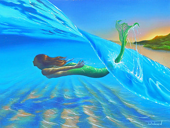 Mermaid, blue, jim warren, sea, art, girl, summer, painting, fantasy, pictura, green, luminos, vara, wave HD wallpaper