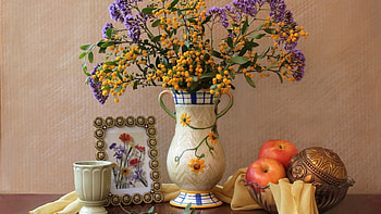Still Life, vase, apple, flowers, frame HD wallpaper