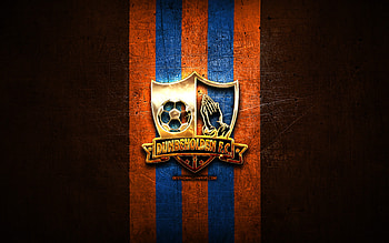 Dunbeholden FC, golden logo, Jamaica Premier League, orange metal background, football, jamaican football club, Dunbeholden FC logo, soccer, FC Dunbeholden HD wallpaper