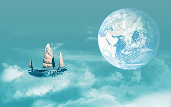 Fantasy, blue, white, ship, moon, luna, sky, luminos, cloud HD wallpaper