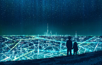 Silhouette City Two Kids Artwork, artist, digital-art, artwork, silhouette HD wallpaper