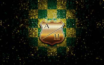 Atletico Huila FC, glitter logo, Categoria Primera A, yellow green checkered background, soccer, colombian football club, Atletico Huila logo, mosaic art, football, Atletico Huila, Colombian football league HD wallpaper