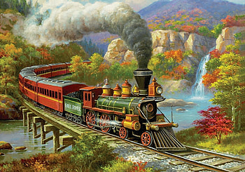 Fall River, autumn, train, art, painting HD wallpaper