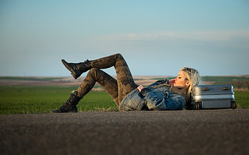 Girl Road Suitcase Blonde, girls, road, blonde HD wallpaper