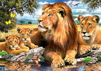 By Howard Robinson, animal, cub, painting, butterfly, art, family, howard robinson, lion HD wallpaper