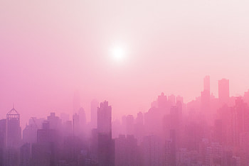 Urban, skyscrapers, buildings, sunny day, pink smog HD wallpaper