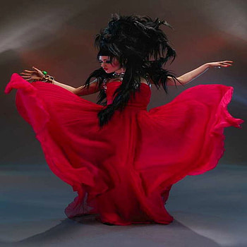 RED DRESS WITCH, black, red, windy, dress, hair, witch HD wallpaper