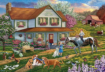 Friends, children, poultry, horse, dogs, spring, painting, cows, blooming, trees, flowers, cottage HD wallpaper