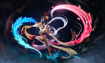 Dancer, blue, pink, hand fan, fantasy, zero hour, evantai, girl HD wallpaper