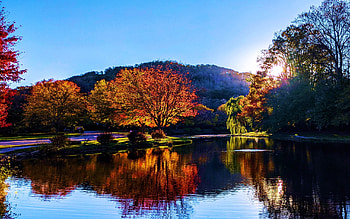 Lake on fire...in Mills River, North Carolina, reflection, water, hills, fall, trees, colors, usa HD wallpaper
