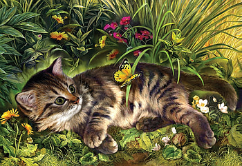 Garden Kitten Play, painting, plants, butterfly, blossoms, flowers, cat HD wallpaper