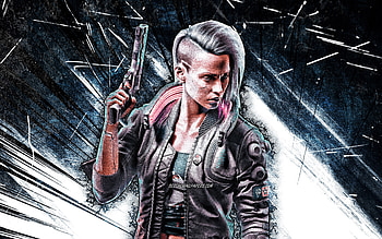 Female V, grunge art Cyberpunk 2077, RPG, fan art, Cyberpunk 2077 characters, blue abstract rays, Female V Cyberpunk, Valerie Cyberpunk 2077 HD wallpaper