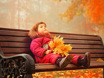Autumn kid, bench, leaves, fall, autumn, kid, nature, girl, child HD wallpaper