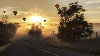 Nature, Sunset, Balloons, Road, Fog, Sunlight HD wallpaper