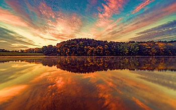sunset, autumn, lake, forest, beautiful nature, clouds HD wallpaper