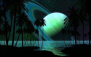 Landscape, Fantasy, Sky, Planets, Sea, Night, Palms HD wallpaper