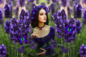 Among Nature, girl, flowers, colorful, blue, white, vibrant, purple, butterflies, vivid, green, bright, bold HD wallpaper