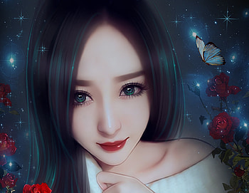 Beauty, blue, asian, girl, summer, rose, butterfly, fantasy, flower, red, face HD wallpaper