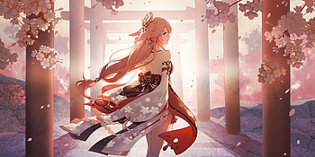 Yae Miko Guuji by MORI森, Yae Miko Guuji (Genshin Impact), Genshin Impact, torii, pink HD wallpaper