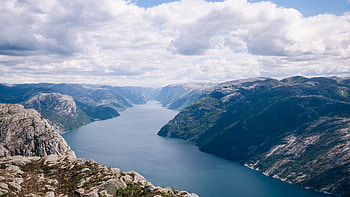 Norwegian fjords, Mountainside river, Skyline view, Majestic scenery HD wallpaper