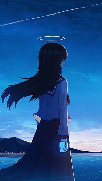 Girl looking at the horizon, black hair, uniform, Anime, girl, anime girl HD phone wallpaper