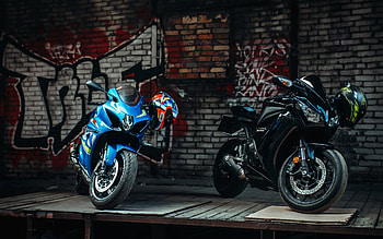 Suzuki GSX-R1000, Honda CBR1000RR, exterior, side view, racing bikes, black CBR1000RR, blue GSX-R1000, Japanese sportbikes, Suzuki HD wallpaper