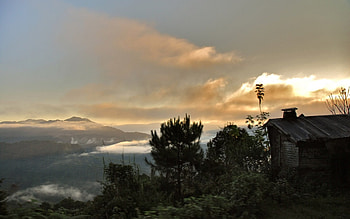 mountain cabin at sunrise, clouds, mountains, forest, cabin, sunrise HD wallpaper
