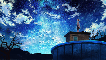 Anime Girl Under Infinite Stars, clouds, sky, house, rooftop, anime-girl, stars, grass, artist, artwork, art, digital-art, ai, pixiv HD wallpaper