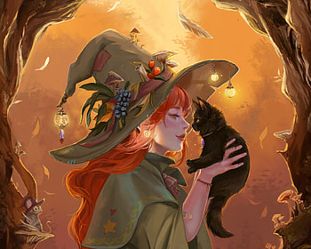 Witch, alicja siemiatkowska, cat, girl, orange, hat, art, halloween, pisici, fantasy, luminos HD wallpaper