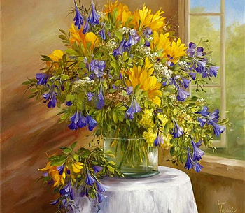 Dignity & Joy, window, tablecloth, vase, round table, dignity, floral arrangement, scenery, glass, joy HD wallpaper