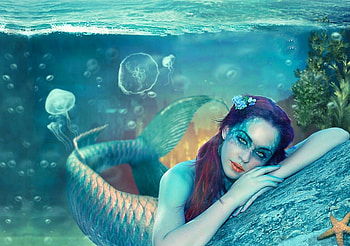 The Gatekeeper , digital, seas, pretty, blues, Lovely, Mermaid HD wallpaper