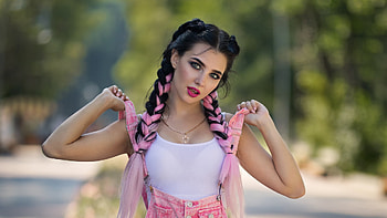 Pink Black Braided Hair Girl Model Is Wearing White Pink Dress Standing In Blur Nature Background Girls HD wallpaper