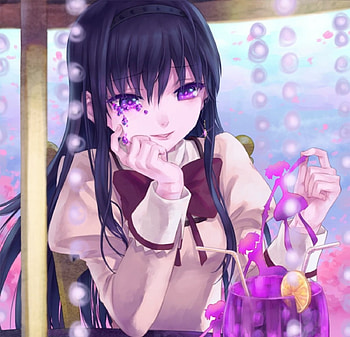 Akemi Homura, umbrella, crystal, tears, cute, long hair, dress, beauty, lady, pearls, spheres, female, sweet, white, art, girl, beautiful, woman, tie, sad, purple, pink, anime, pretty, lovely, drink HD wallpaper