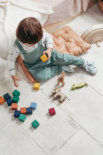 A young child engaged in play with colorful wooden blocks and animal figures indoors. HD phone wallpaper