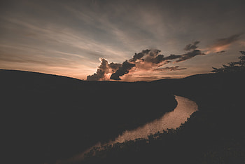 Silhouette, dark, sunset, river, forest, aerial view, nature HD wallpaper
