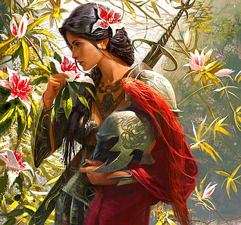 Girl Warrior, sword, abstract, fantasy, , flowers, girl, beauty, warrior HD wallpaper