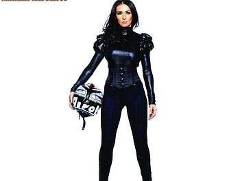 Mihaela Radulescu, sexy, black, girl, long hair, beauty, woman, costum, motor HD wallpaper