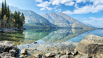 Jenny Lake, Grand Teton National Park, Wyoming, trees, clouds, sky, water, rocks, reflections, usa, stones HD wallpaper