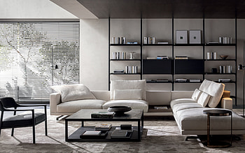 living room, modern interior design, shelves for books, stylish interior design, black and white colors in the living room HD wallpaper