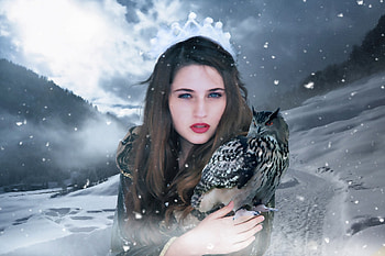 Gothic Guardians, winter, art, snow, girl, owl HD wallpaper
