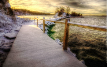 Winter, Nature, Sea, Snow, Bridge, Handrail, Railings HD wallpaper
