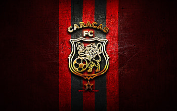 Caracas FC, golden logo, La Liga FutVe, red metal background, football, Venezuelan football club, Caracas FC logo, soccer, Venezuelan Primera Division, FC Caracas HD wallpaper