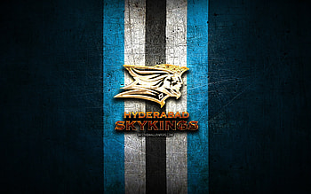 Hyderabad Skykings, golden logo, Elite Football League, blue metal background, indian football team, Hyderabad Skykings logo, american football HD wallpaper