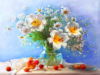 Still life, vase, fruits, nice, delicate, pretty, flowers, lovely, harmony HD wallpaper