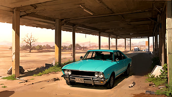 generic teal car in an old abandoned town, classic car HD wallpaper