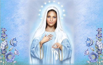 Our Lady of the Rosary, blue, flowers, Rosary, Mary HD wallpaper