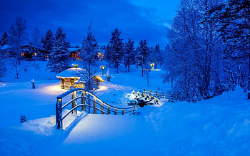 Winter Night, Village, Bridge, Snow, Trees HD wallpaper